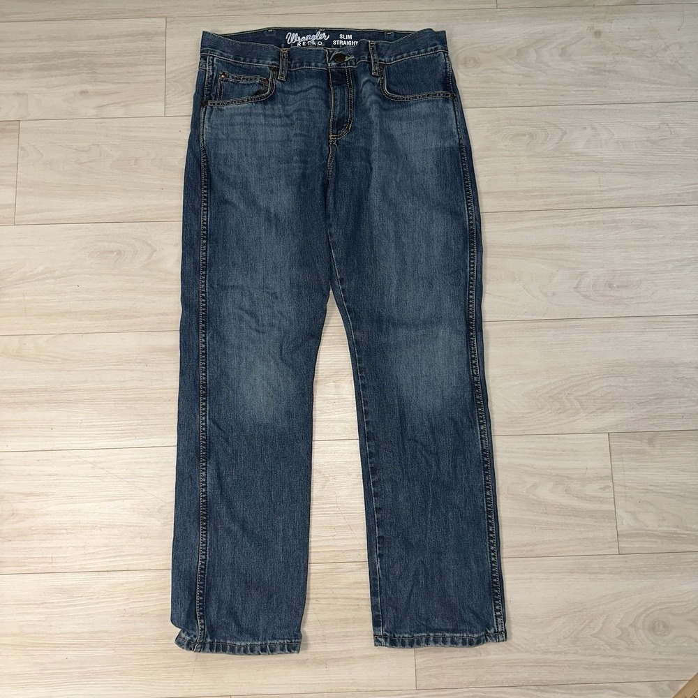 Wrangler Retro Jeans Mens 34x31 Blue Slim Straight Denim Western Casual Comfort